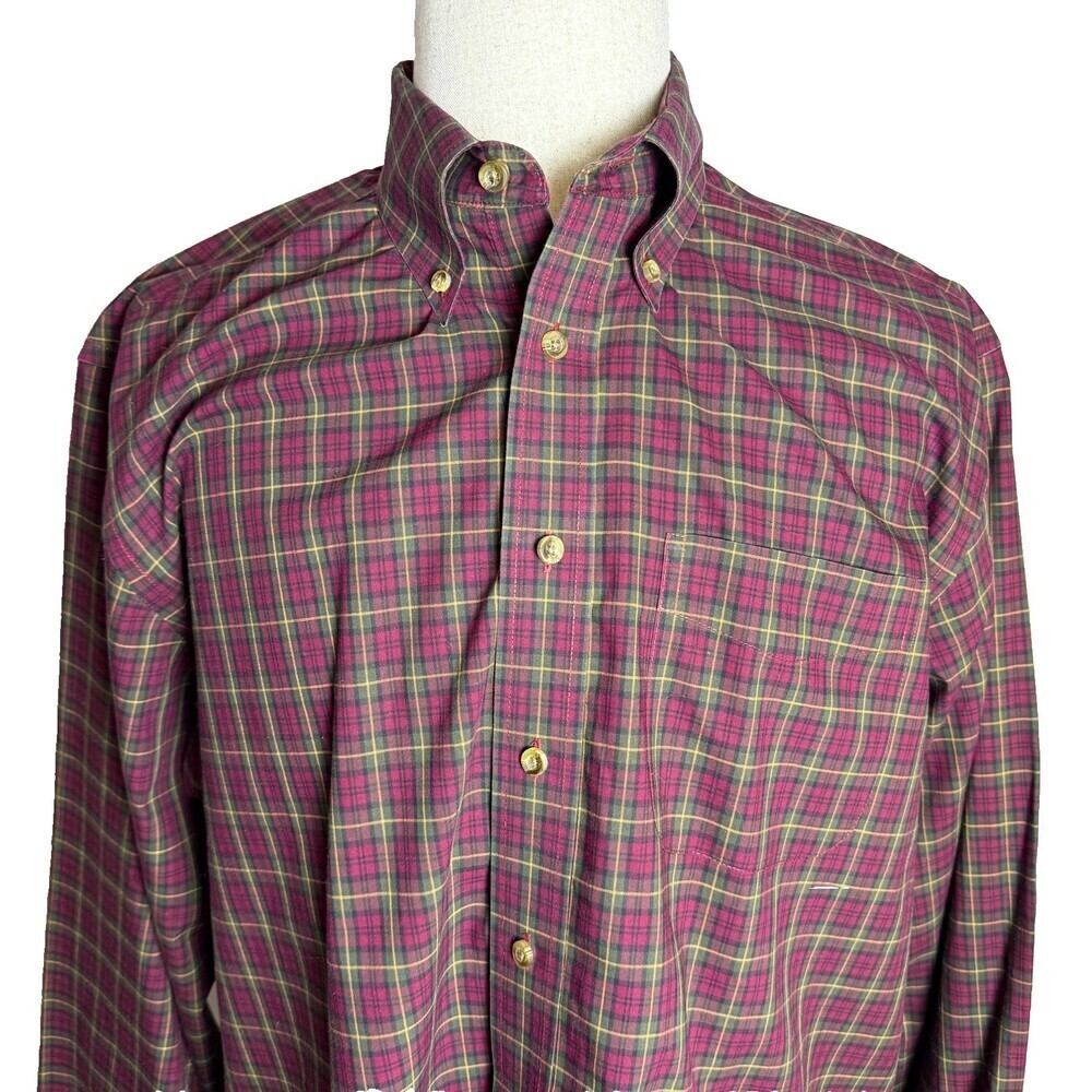 L.L. Bean Scotch Plaid Long Sleeve Button Down, Sz XL, Maroon/Green, Dry Cleaned